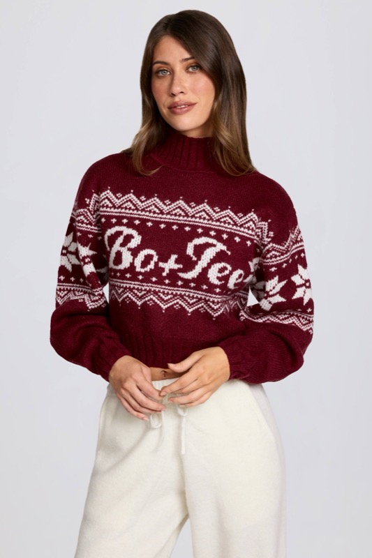 Jacquard-Knit Cropped Jumper in Crimson Red