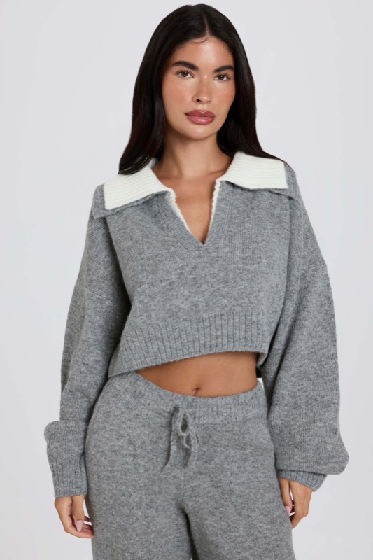 Soft Knit Layered Collar Cropped Jumper in Grey